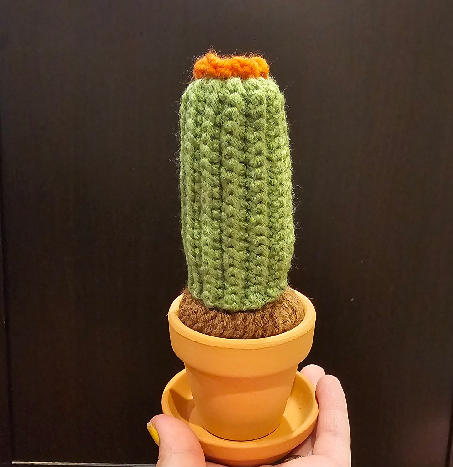 Crochet neutral San Pedro cactus with an orange flower growing out of the top. The cactus is growing out of crochet dirt made out of brown yarn. The cactus sits in a small terracotta clay pot and saucer.