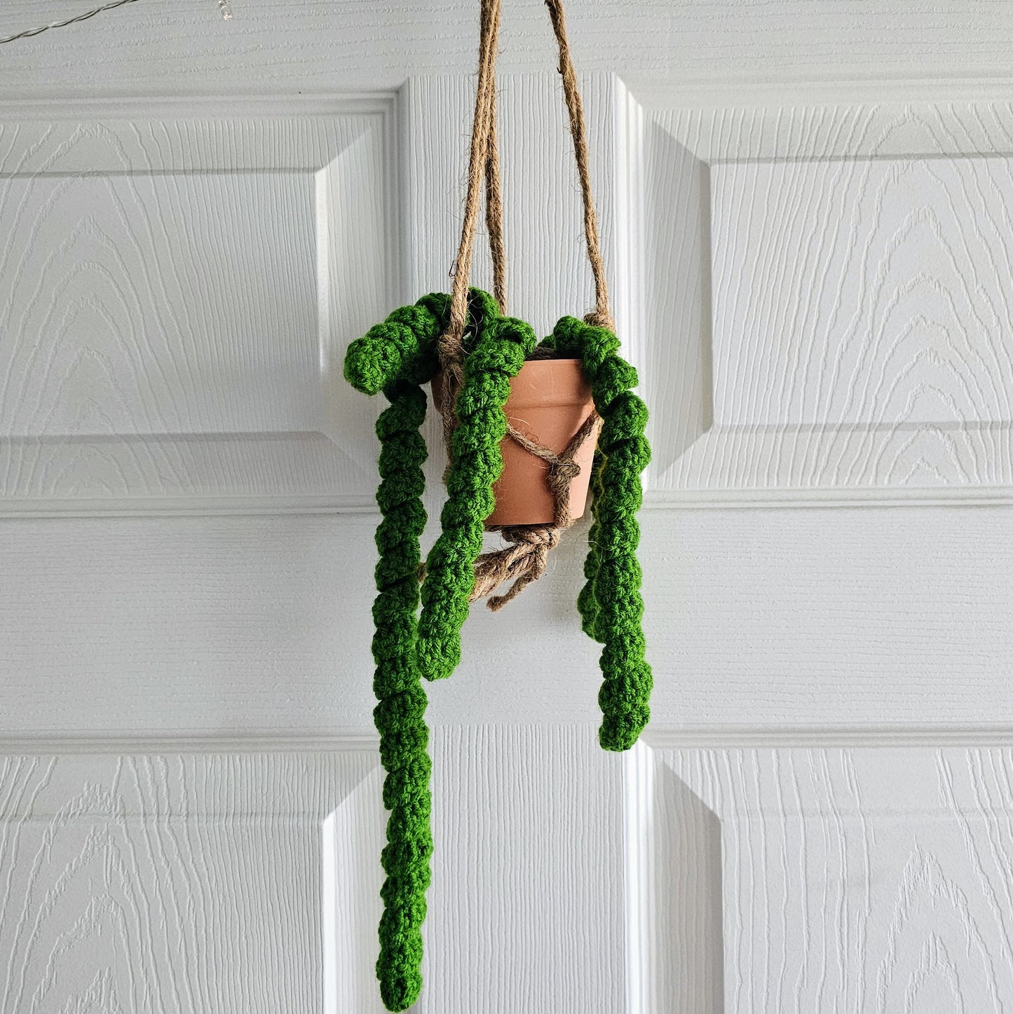 Spiraling plant crochet from light green yarn, hangs from a suspended terracotta pot. This pot sits in a jute rope macrame in front of a white background.