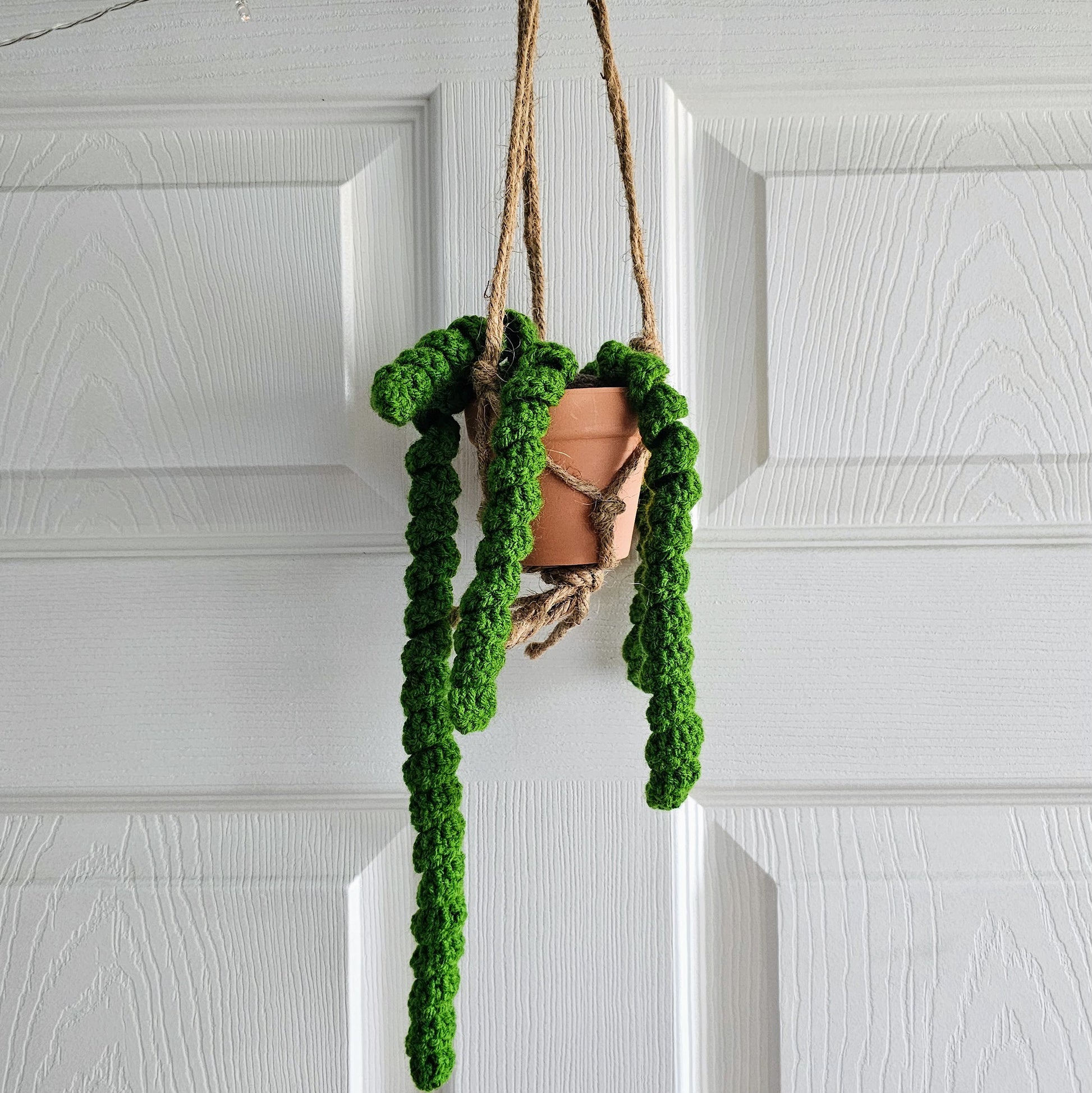 Spiraling plant crochet from light green yarn, hangs from a suspended terracotta pot. This pot sits in a jute rope macrame in front of a white background.